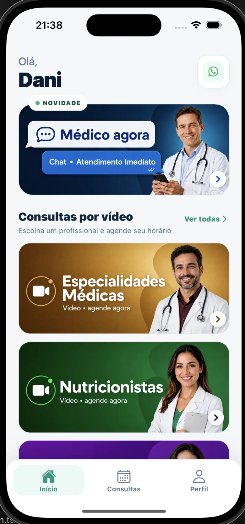 Tela inicial do VIZI Consultas com médico por chat, consultas por vídeo e nutricionistas