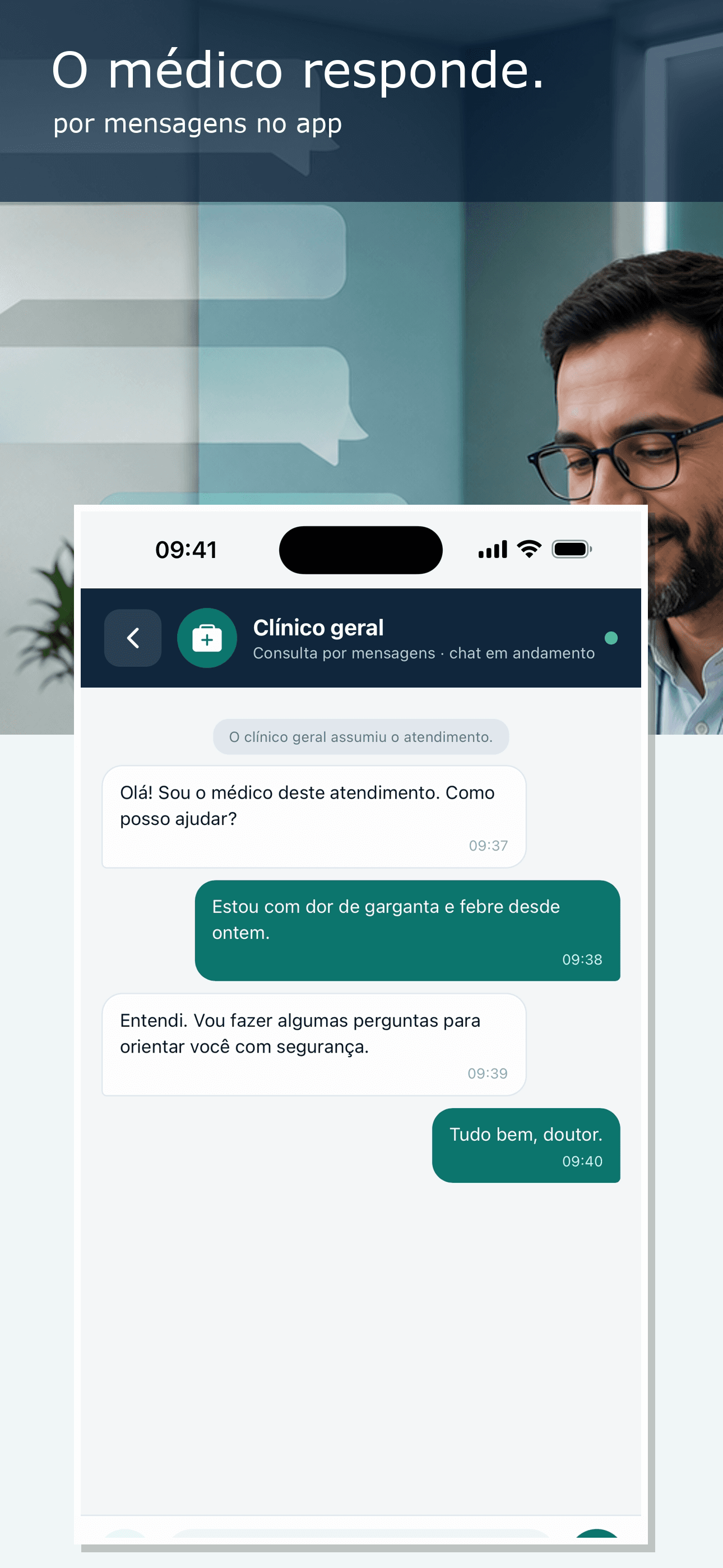 Tela do VIZI Consultas: o médico responde por mensagens no app