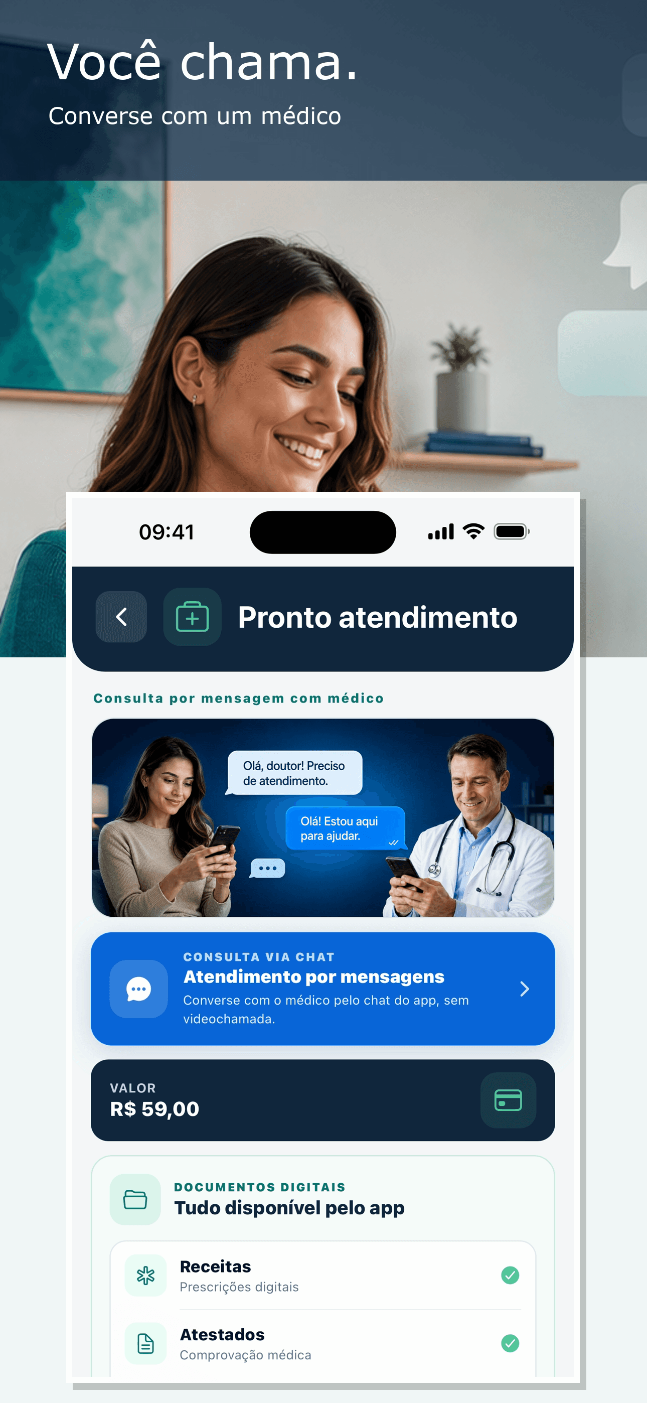 Tela do VIZI Consultas: você chama um médico e descreve o que sente pelo chat