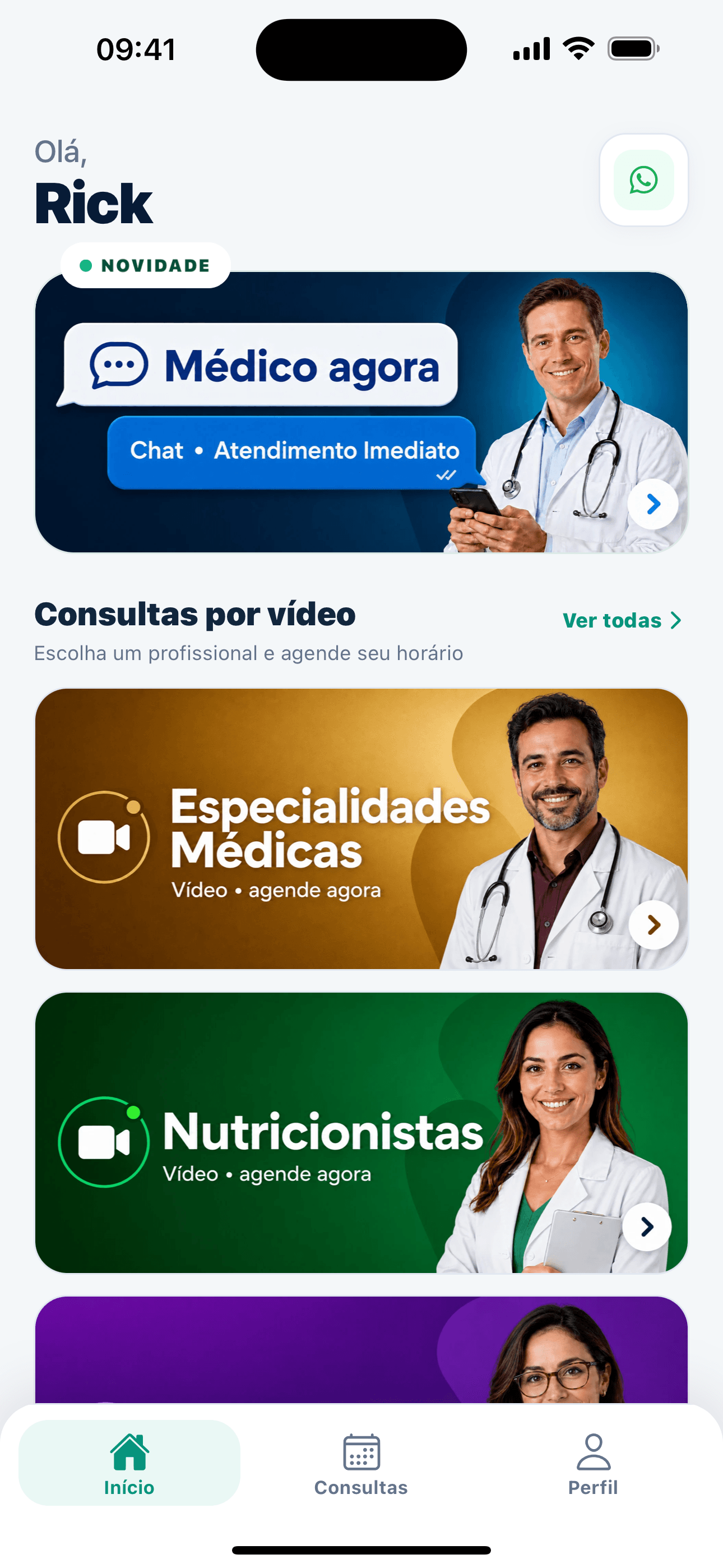 Tela inicial do aplicativo VIZI Consultas